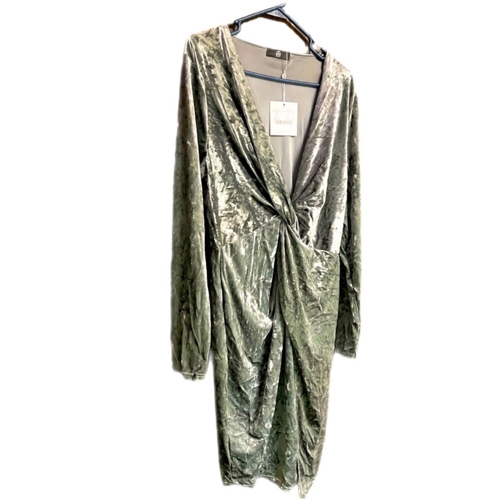 Silver Stretch Crushed Velvet Cocktail Party Midi Dress Ruched Waist, Sz12 - Picture 11 of 12